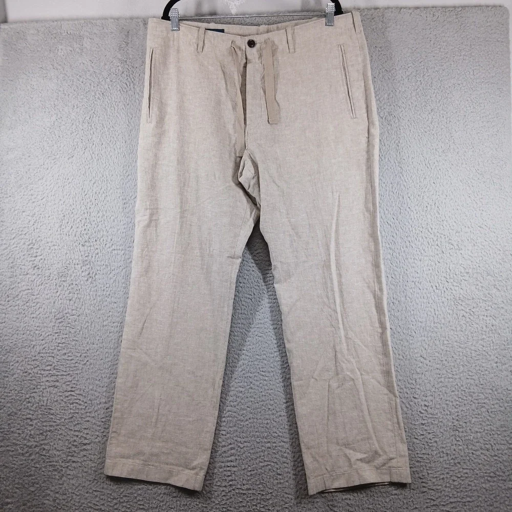 Perry Ellis Linen Blend‎ Flat Front Drawstring Casual Pants 36x30 Beige